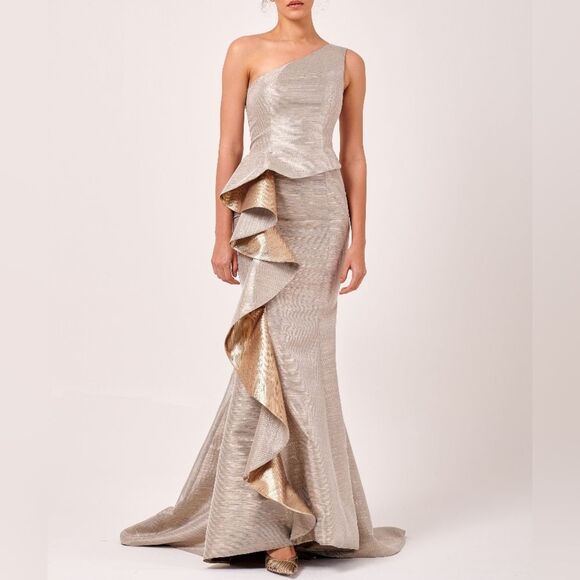 Jean Paul Ataker Silver Gold Metallic One Shoulder Ruffle Mermaid Dress 10 NWT - Picture 1 of 13